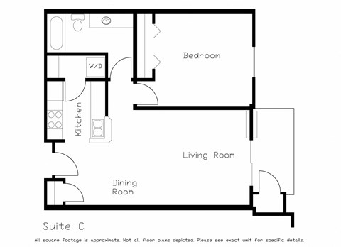 Floor plan for 1 bed, 1 bath, 724 sqft